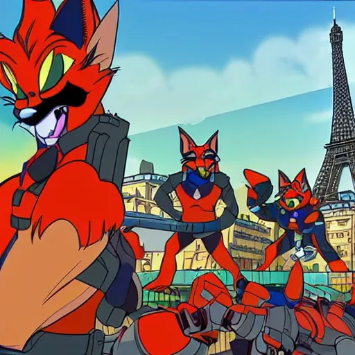 Image similar to swat kats in paris, extremely detailed, cinematic shot, close angle, eiffel tower in the background