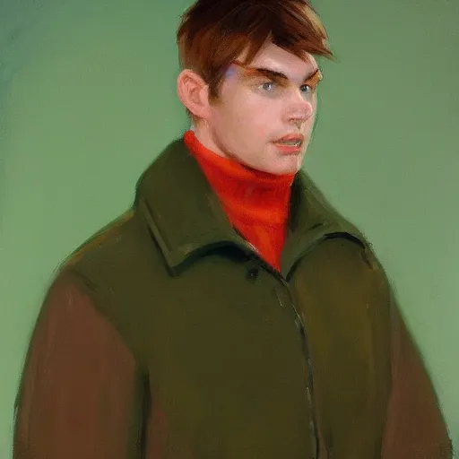 Image similar to a brown haired man wearing a green snow suit, detailed, edward hopper, trending on artstation,