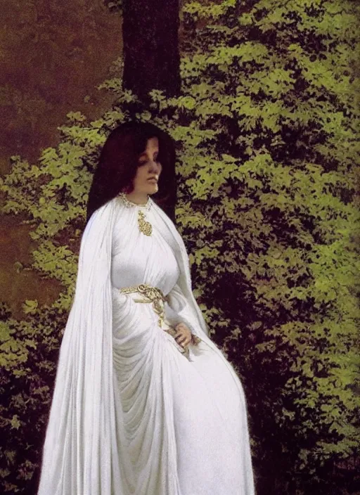 Image similar to an oil painting a queen with dark hair and white fair skin standing on a throne by maxfield parrish, highly detailed, realistic, realism, oil painting, 1 9 th