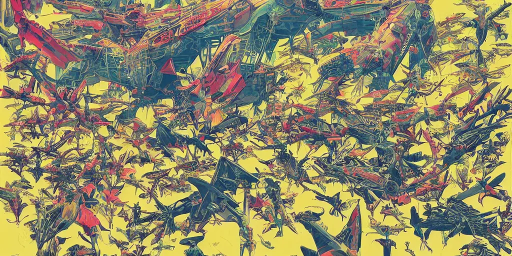 Prompt: risograph rendition, gigantic mecha arzach birds with dragonflies, tiny rats, yellow colors, a lot of exotic animals around, big human faces everywhere, helicopters and tremendous birds, by satoshi kon and moebius, matte bright colors, surreal design, crispy, super - detailed, a lot of tiny details, fullshot