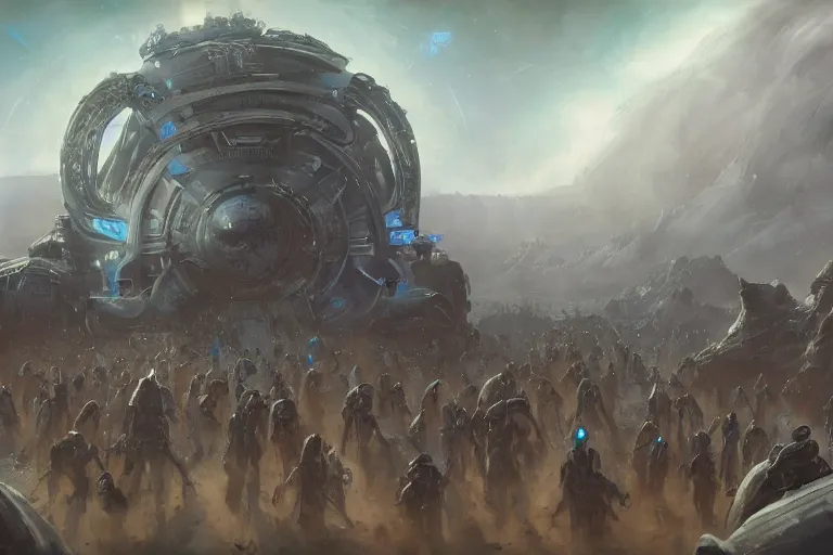 Prompt: ancient alien portral, a crowd of androids, pilgrimage, in mad max style, stargate, coriolios rpg art style, full of details, dark sci - fi, cold blue colors, matte painting, artstation, 8 k, hyperrealistic, style of peter mohrbacher