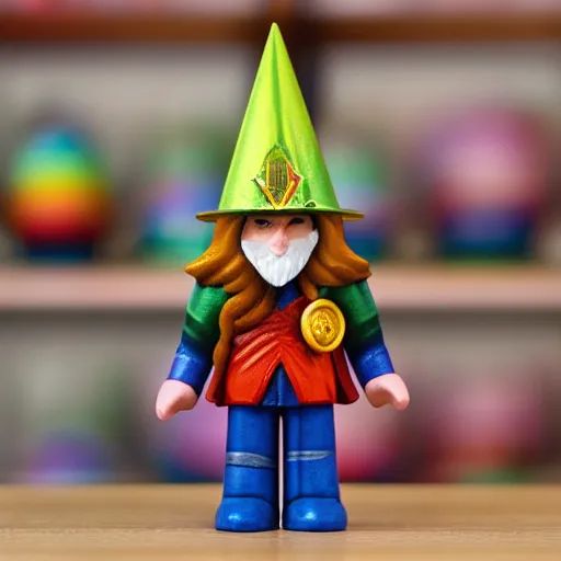 Prompt: a wizard with a rainbow wizard hat vinyl figure