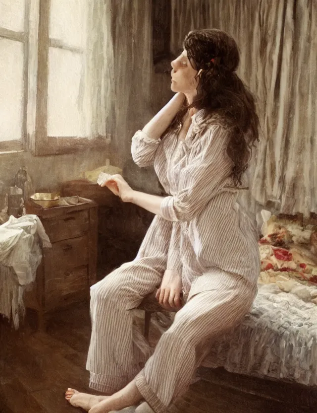 Prompt: Aristocrat girl in the cottage in the morning in a Pajama, country style, portrait, Cinematic focus, Polaroid photo, vintage, neutral colors, soft lights, foggy, by Steve Hanks, by Serov Valentin, by lisa yuskavage, by Andrei Tarkovsky 8k render, detailed, oil on canvas