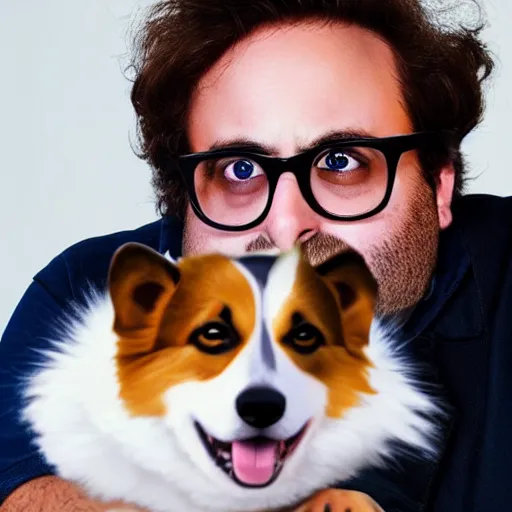 Image similar to Eric Wareheim with a corgi, hyperrealistic, RPG portrait, ambient light, dynamic lighting, golden hour