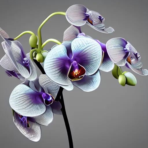 Image similar to an orchid flower, made of metal, cybernetic, reflective, glowing, unreal engine