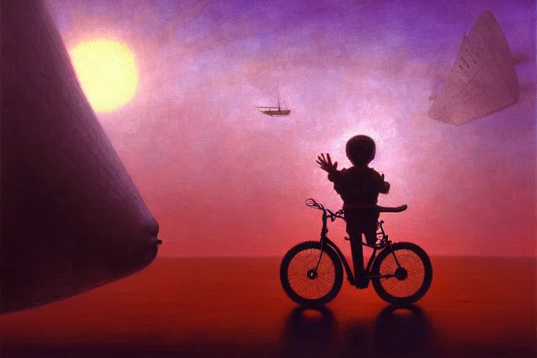 Image similar to kid rides a bicycle waving good bye to the airship at sunset, in the style of beksinski, intricate and epic composition, purple by caravaggio, insanely quality, highly detailed, masterpiece, purple light, artstation, 4 k