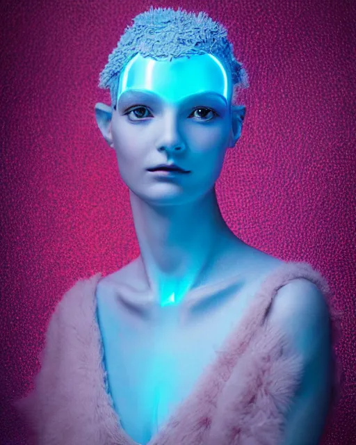 Image similar to natural light, soft focus portrait of an android with soft synthetic pink skin, blue bioluminescent plastics, smooth shiny metal, elaborate ornate head piece, piercings, skin textures, by annie liebovotz, paul lehr