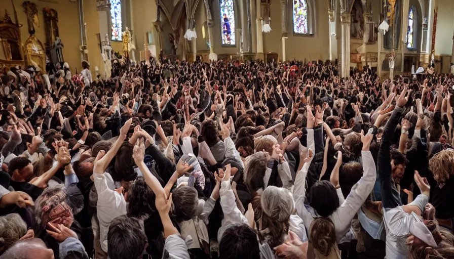 Prompt: moshpit at the catholic church mass