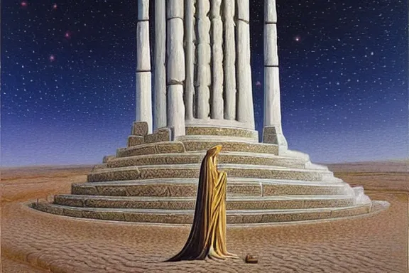 Prompt: the temple of truth is white, whole, holy and beautiful, but is surrounded by a crater of ruin and desolation. it's spire reaches up to the heavens and is topped with a gold statue. | painting by rob gonsalves. stark contrast. landscape painting. trending on artststion. matte painting