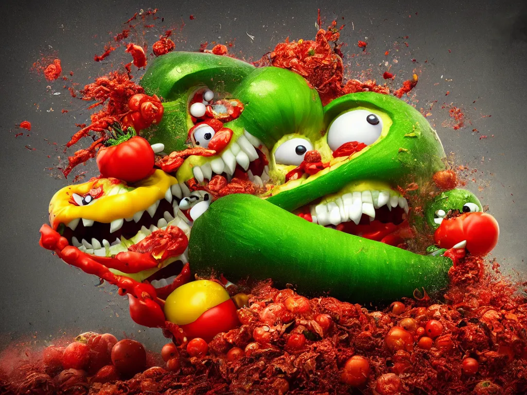 Prompt: highly detailed 3 d render of a raging mad angry zucchini character, burning scissors flying, dirt road, scared tomates scattered everywhere, high speed action, explosions, dramatic scene, hyper realistic octane render, cinematic lighting, tomato splatter, deviantart, black sky, lowbrow, surrealism, pixar still, mayhem