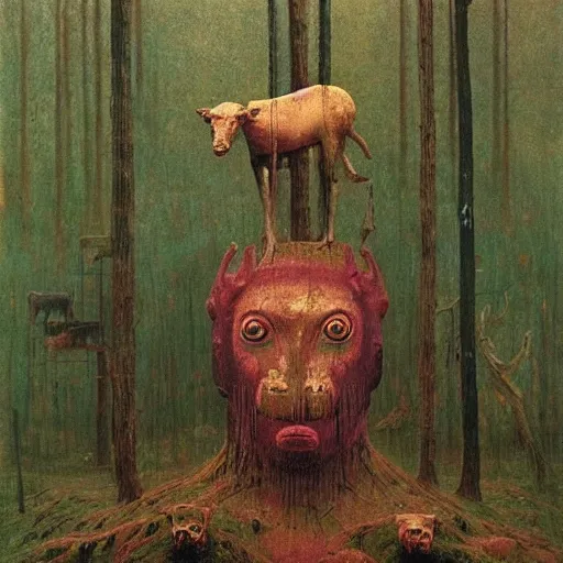 Image similar to giant pink god with a golden animal mask on a forest clearance surrounded by animals by Beksinski
