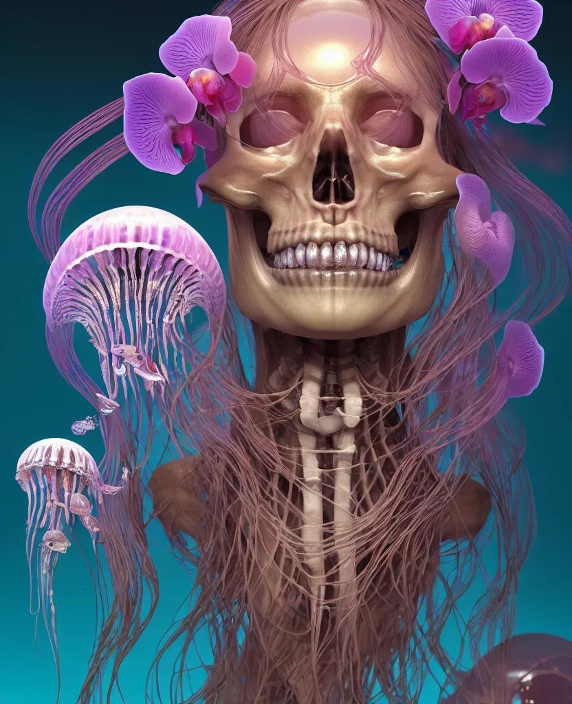 Image similar to goddess close - up portrait human skeleton, ram skull, jellyfish, orchid, betta fish, bioluminiscent, intricate artwork by tooth wu and wlop and beeple. octane render, trending on artstation, greg rutkowski very coherent symmetrical artwork. cinematic, hyper realism, high detail, octane render, 8 k