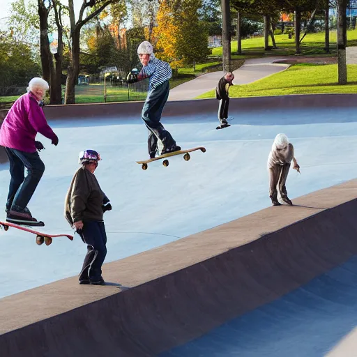 Image similar to senior citizens grinding rails at a skate park