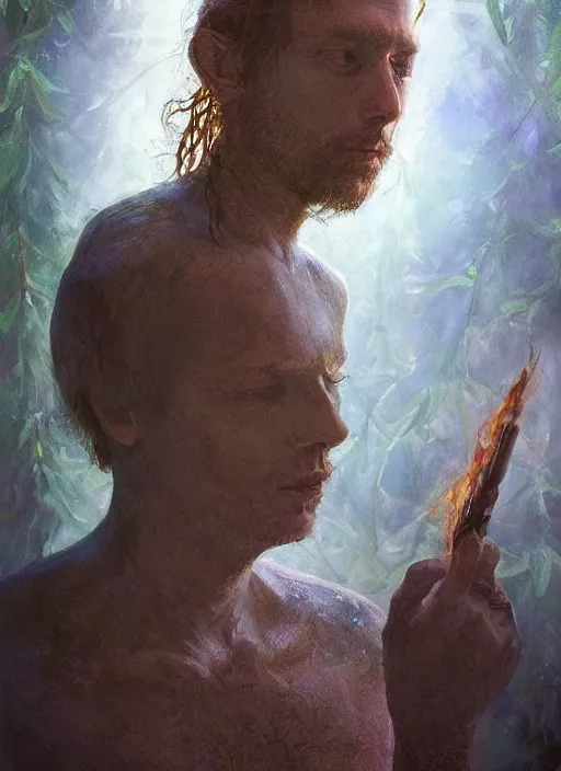 Image similar to full-length portrait of psychedelic shaman under fire light, highly detailed, sharp focused, ultra realistic digital concept art by Alyssa Monks, Charlie Bowater