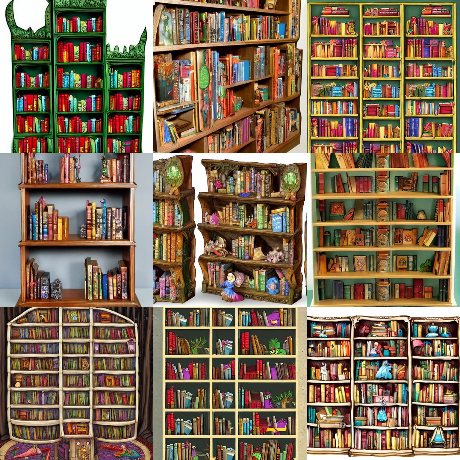 Prompt: enchanted bookshelves. in the style of colin thompson, highly detailed, playful fantasy.