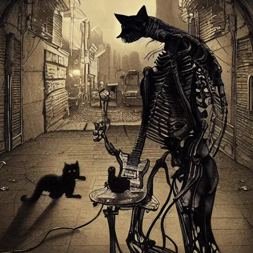 Image similar to skeleton wearing headphones, watching girl playing guitar while her black cat standing next to her, detailed intricate ink illustration, dark atmosphere, detailed illustration, hd, 4k, digital art, overdetailed art, by greg rutkowski, by loish, complementing colors, Trending on artstation