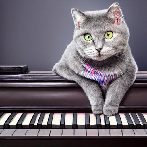 Image similar to cute fluffy grey british short hair cat with background of curved piano keys and musical notes colorful detailed oil painting 4 k