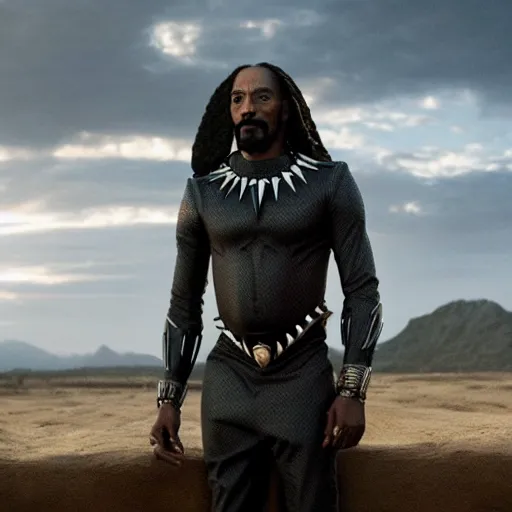 Image similar to film still of Snoop Dogg as T’Chala in the new Black Panther movie