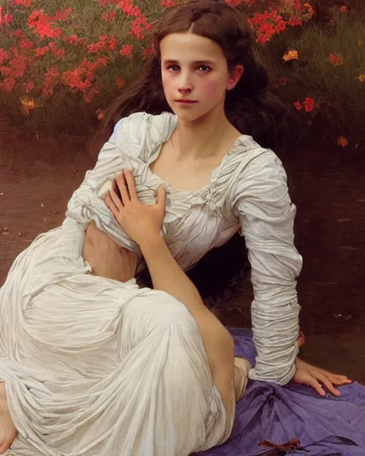 Image similar to a portrait painting of a shy, blushing 1 6 - year old alicia vikander or millie bobby brown as a princess lying on her back on a wooden floor, hair fanned around, intricate, elegant, highly detailed, artstation, concept art, by krenz cushart and donato giancola and william adolph bouguereau and alphonse mucha