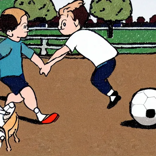 Image similar to illustration of french boy in paris playing football against a corgi, the corgi is wearing a polka dot scarf