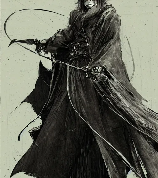 Image similar to portrait of anime man with long hair wearing a dark robe holding a rapier, pen and ink, intricate line drawings, by craig mullins, ruan jia, kentaro miura, greg rutkowski, loundraw