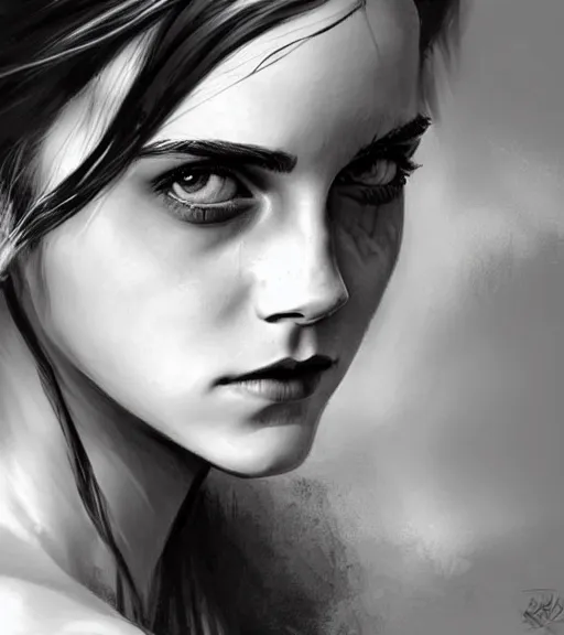 Image similar to emma watson, beautiful piercing eyes, realistic face, black and white drawing, in the style of greg rutkowski, fantasy, amazing detail, epic, intricate, elegant, smooth, sharp focus