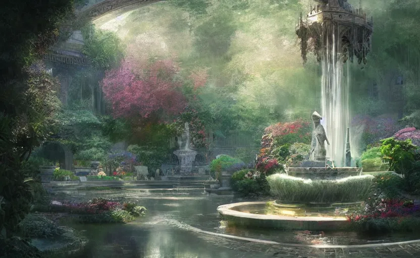 Image similar to Beautiful eden garden, next to a fountain and a mystical palace, intricate, elegant, volumetric lighting, digital painting, highly detailed, artstation, sharp focus, illustration, concept art, ruan jia, steve mccurry