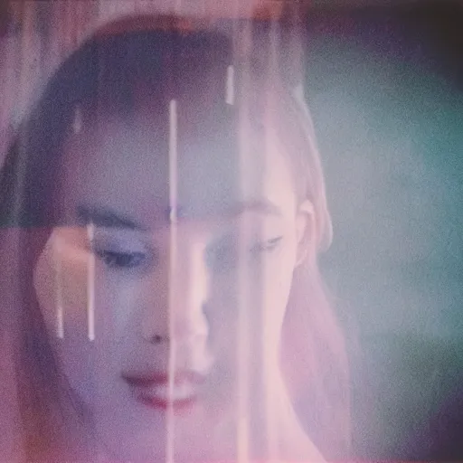 Image similar to Polaroid of Elle Fanning in a dream, silhouettes, threes, rain, reflection, double exposure, dramatic low-key neon lighting, light painting