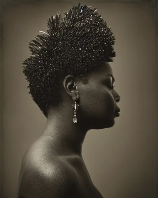 Image similar to a black woman's face in profile, made of intricate feathers, in the style of the dutch masters and gregory crewdson, dark and moody