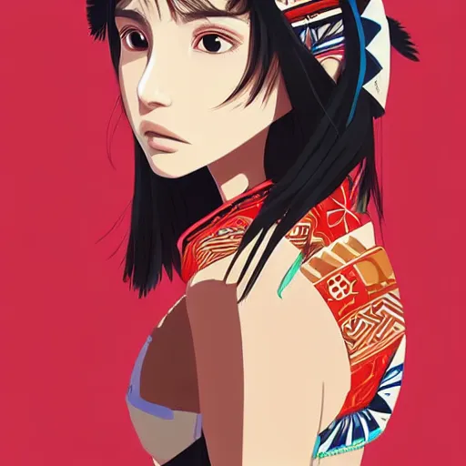 Image similar to a beautiful young japanese natalie portman alluring gravure model, stylized concept art, wearing elegant designer bomber jacket and one piece bikini, bomber jacket with mesoamerican patterns, mesoamerican native street fashion, princess mononoke, painted by ilya kuvshinov aesthetic, gorgeous, stunning, alluring, attractive, artstation, pinterest, digital art