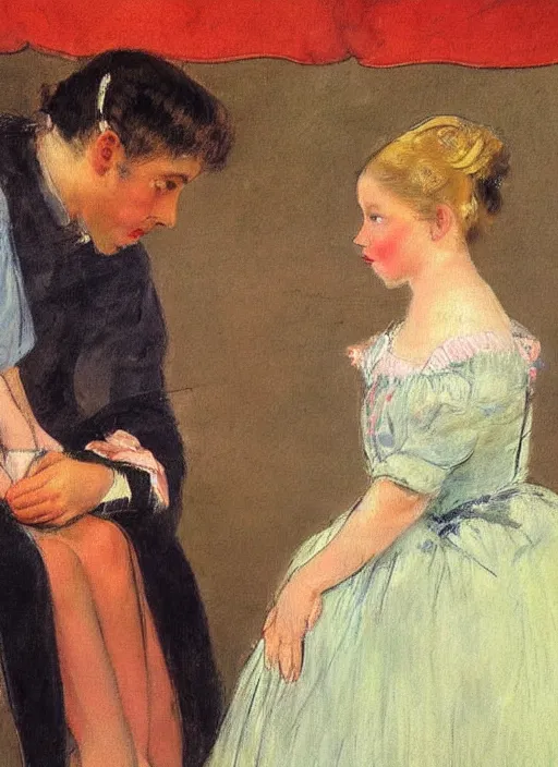 Prompt: vintage beautiful painting of a woman being scared by a prince on a drama stage in Mary Cassatt style