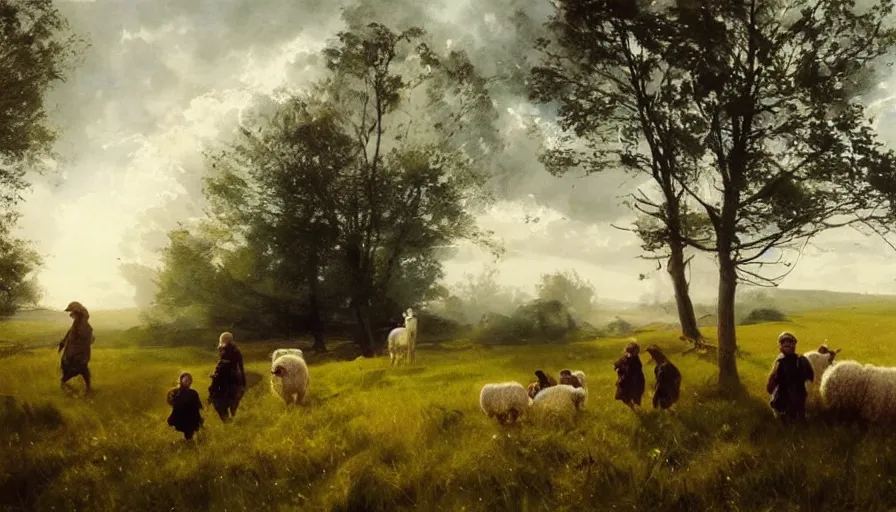 Image similar to simple amish shepherd and children with flocks of sheep in open fields, art by anders zorn, wonderful masterpiece by greg rutkowski, beautiful cinematic light, american romanticism thomas lawrence, greg rutkowski