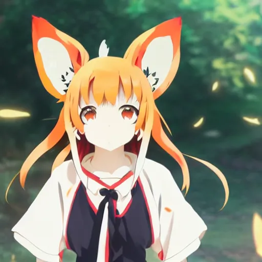 Prompt: anime kitsune foxgirl fox ears senko - san by kyoto animation by greg rutkowski by makoto shinkai ultrahd 4 k 8 k super detailed award winning