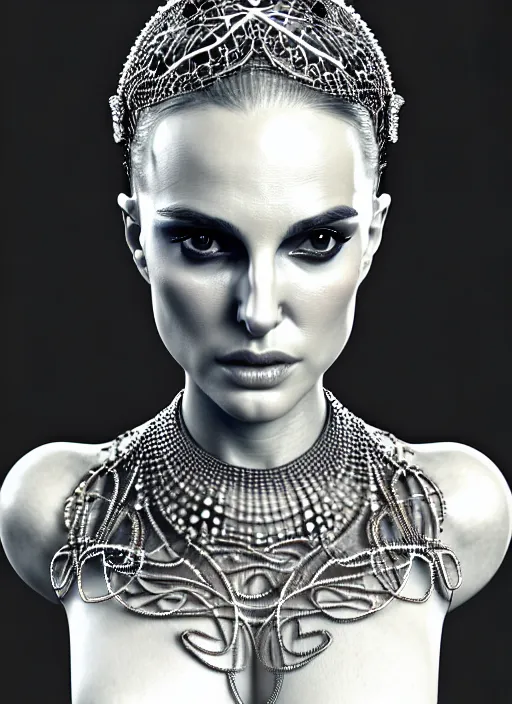Prompt: bust of an absurdly beautiful, graceful, sophisticated, fashionable futuristic woman, facial piercings, natalie portman, heavy body modification, prosthetic implants, hyperdetailed by popovy sisters, intricate linework, white porcelain skin, faberge, intricate chrome headdress, dark atmosphere, unreal engine 5 highly rendered, global illumination, radiant light, detailed and intricate environment