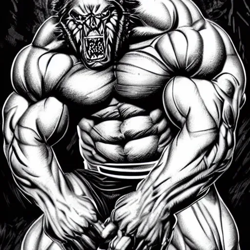 Prompt: a steroids werewolf with absurdly big muscles, intense expression, epic, high detail, high contrast