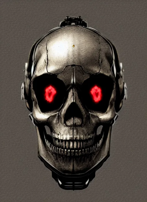 Image similar to 2 8 mm macro photo of metal skull half covered face with cybernetic enhancements as seen from a distance, scifi character portrait by greg rutkowski, canon 5 0 mm, film, photography, esuthio, craig mullins, 1 / 4 headshot, cinematic lighting, dystopian scifi gear, gloomy, profile picture, mechanical, half robot, implants, solarpunk