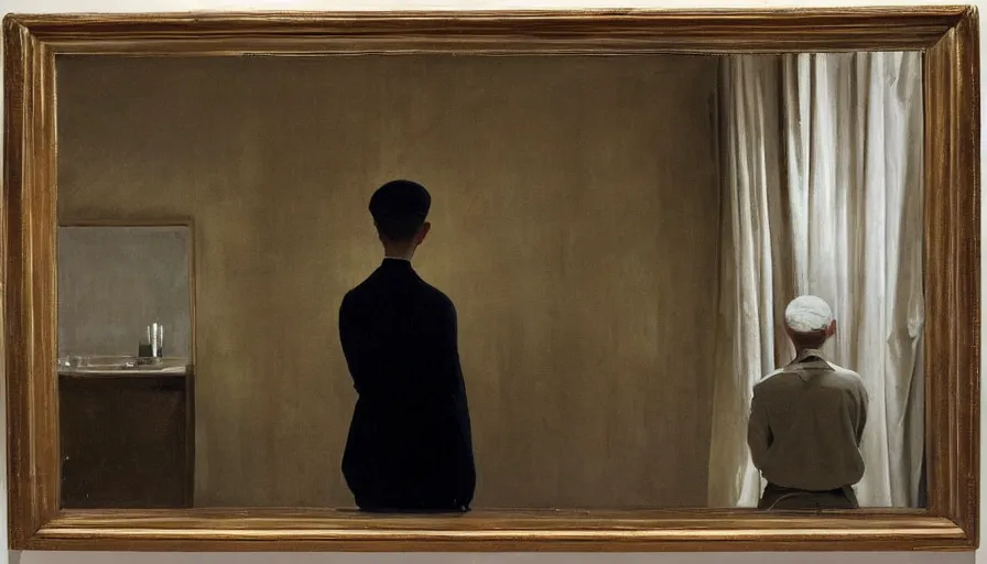 Prompt: painting by borremans, man back standing in front on the mirror and his back in the mirror, detailed, stunning