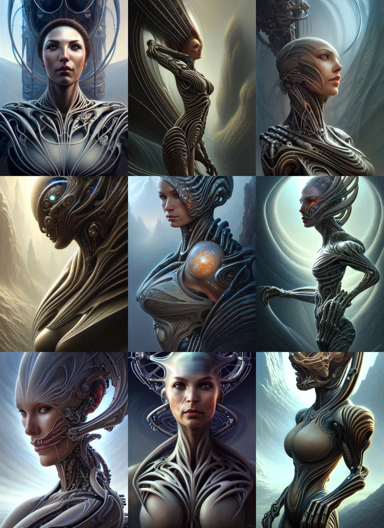 Image similar to closeup portrait shot of a female biomechanic woman in a scenic scifi environment, intricate, elegant, highly detailed, centered, digital painting, artstation, concept art, smooth, sharp focus, warframe, illustration, hr giger, tomasz alen kopera, peter mohrbacher, donato giancola, leyendecker, boris vallejo