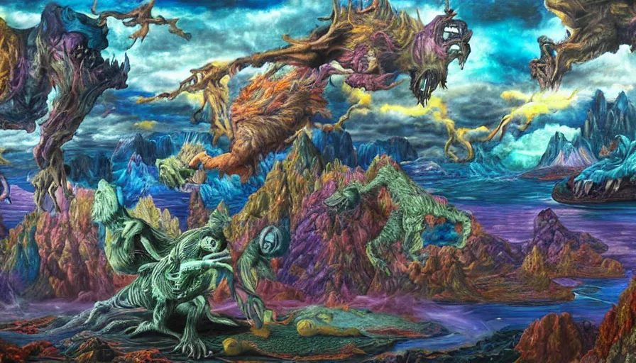 Prompt: holographic monsters life fantasycore landscape, detailed and highly reliefed glossy painting and analogue collage with canvas texture in style of contemporary art, photorealistic, surrealism, expressionism, masterpiece, balanced composition, calm vivid colors, grim atmosphere, spectacular quality, CGSociety, intricate oil, Pastiche by Miyamoto, Pastiche by Rob Liefeld