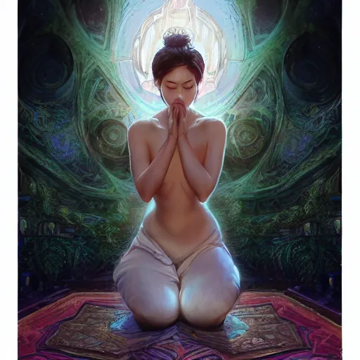 Image similar to Art station concept of a beautiful girl kneeling in front of a religious shrine, Hypnosis, Trance, symmetrical face, smooth body features, by Stanley Artgerm Lau, WLOP, Rossdraws, James Jean, Andrei Riabovitchev, Marc Simonetti, and Sakimichan, trending on artstation