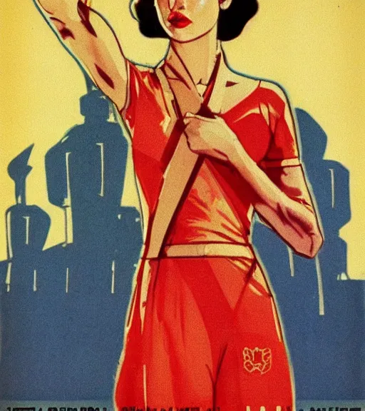 Prompt: Gal gadot posting for a Soviet Line of clothing in a Soviet propaganda realistic poster