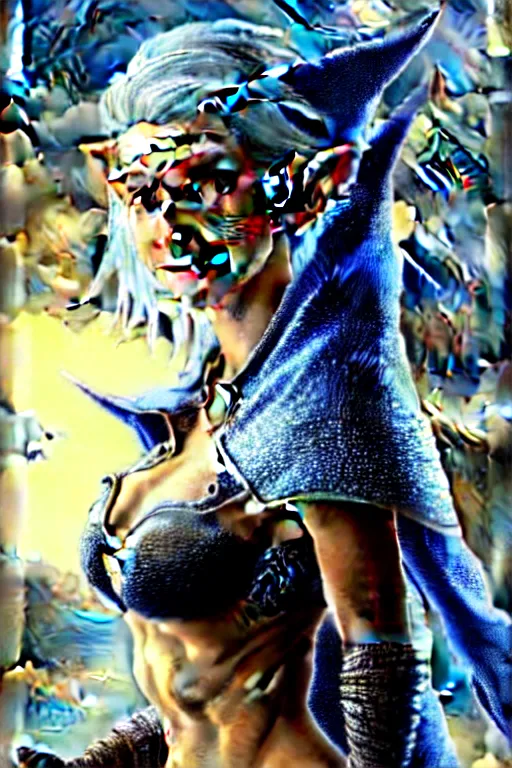 Image similar to alluring highly detailed matte close-up portrait of beautiful elf Shani (from Witcher 3) wearing chesty chainmail bikini and a blue cloak, very detailed, realistic, manga, pen and ink, by Stanley Artgerm Lau, greg rutkowski, thomas kindkade, alphonse mucha, loish, norman rockwell J.
