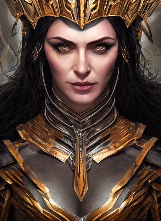 Image similar to hela goddess wearing crown, ultra detailed fantasy, elden ring, realistic, dnd character portrait, full body, dnd, rpg, lotr game design fanart by concept art, behance hd, artstation, deviantart, global illumination radiating a glowing aura global illumination ray tracing hdr render in unreal engine 5