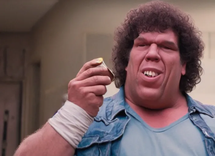 Prompt: film still of Andre the Giant eating a can of beans in the new Lethal Weapon movie, 4k