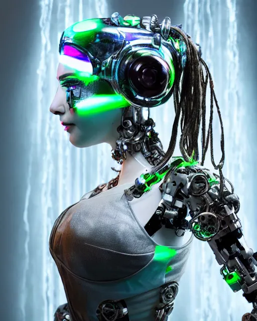 Image similar to portrait photo of female dancer as a cyberpunk mecha humanoid robotic head shoulder parts with straight bright led lights, under a waterfall, ultra - realistic and detailed, 8 k