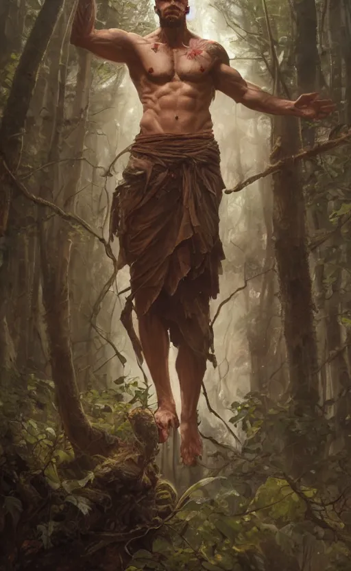 Image similar to god of the forest, 3 0 years old, rugged, handsome, male, detailed face, clean lines, atmospheric lighting, amazing, full body, flowers, muscular, intricate, highly detailed, digital painting, artstation, concept art, sharp focus, illustration, art by greg rutkowski and alphonse mucha