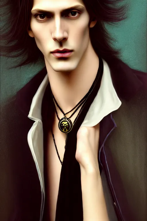 Image similar to a beautiful androgynous man, long hair, tall and thin, soft features, sly, dressed in velvet, rock star, wearing several pendants and a choker, illustration, dramatic lighting, soft details, painting oil on canvas, art nouveau, octane render, hdr, 4 k, 8 k, hd, by edmund blair leighton, brom, charlie bowater, faces by otto schmidt