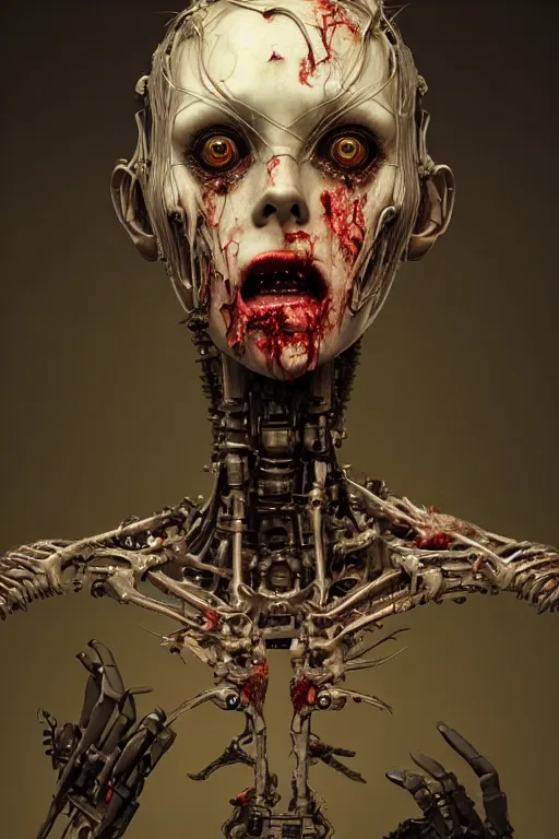 Image similar to portrait of a female zombie robot, intricate, dystopian terror, fangs, extremely detailed, digital painting, sculpted in zbrush, artstation, concept art, smooth, sharp focus, illustration, chiaroscuro lighting, golden ratio, rule of thirds, fibonacci, incredible art by Stanley Artgerm Lau and Greg Rutkowski, composition by mike mignola and Simon Stalenhag,