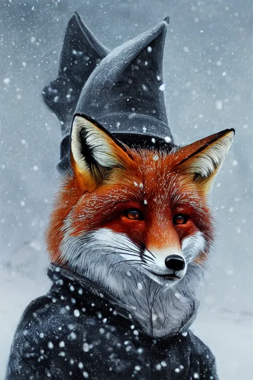 Image similar to a furious fox wizard, snowy background, oil on canvas, intricate, portrait, 8k highly professionally detailed, HDR, wizard hat, CGsociety