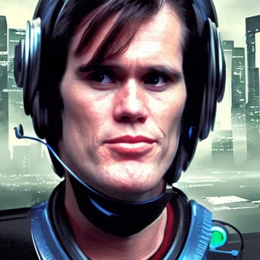 Prompt: very wellmade photo of young Jim Carrey as a scifi futuristic cyberpunk hacker